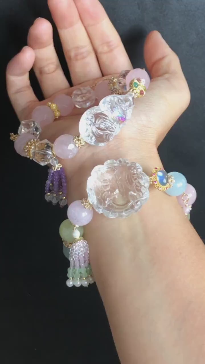 Rainbow Carved Nine-tailed Fox Charm Crystal Bracelets | Rose Quartz, Clear Quartz | Removable Tassel | Wisdom & Love | Personalised Gift