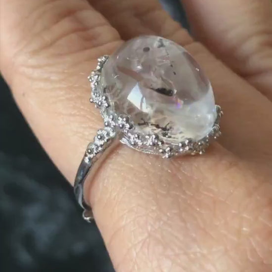 Polished Enhydro Quartz (Herkimer Diamond) S925 Silver Adjustable Ring: Mild Rainbow! Moving Sand and Black Bubble Inclusion Crystal