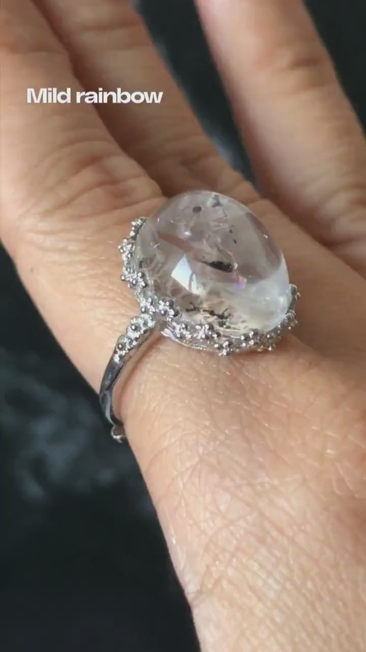 Polished Enhydro Quartz (Herkimer Diamond) S925 Silver Adjustable Ring: Mild Rainbow! Moving Sand and Black Bubble Inclusion Crystal