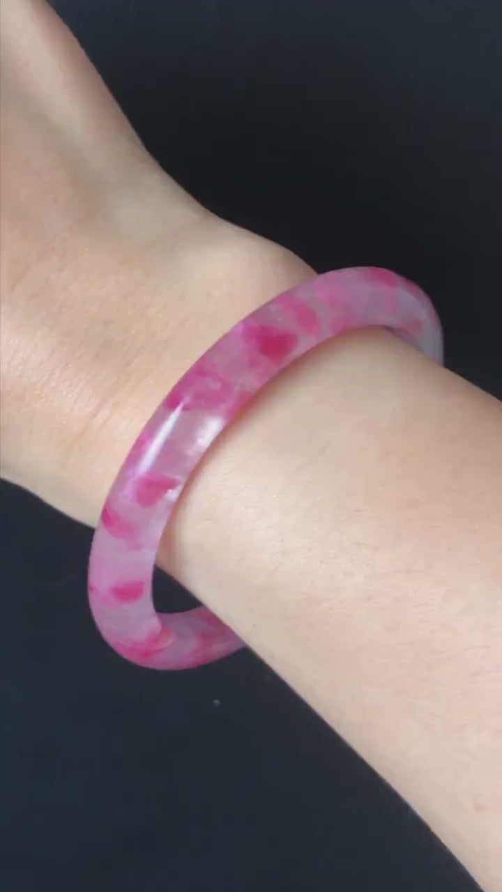 58.2mm Premium Ultra-rare Natural Icy Rhodonite Crystal Gemstone Bangle: Cherry Blossom Flowers, Sakura Rain, Plum Blossom, Healing Stone