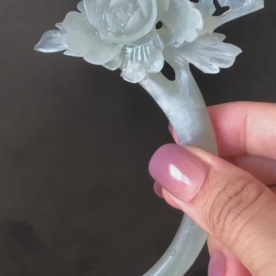Certified Xiu Jade Serpentine Grey Camellia Flower Hair Pin |  Gray Jade Hair Stick