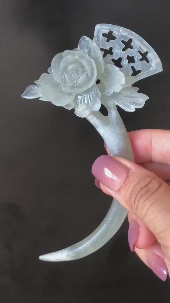 Certified Xiu Jade Serpentine Grey Camellia Flower Hair Pin |  Gray Jade Hair Stick