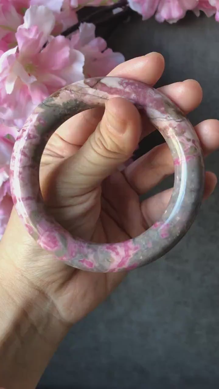 57.2mm Natural Rhodonite Stone Bangle | Baby Pink & Blue | Blueberry and Strawberry Milkshake  | Crystal Gemstone Bracelet Healing Stone