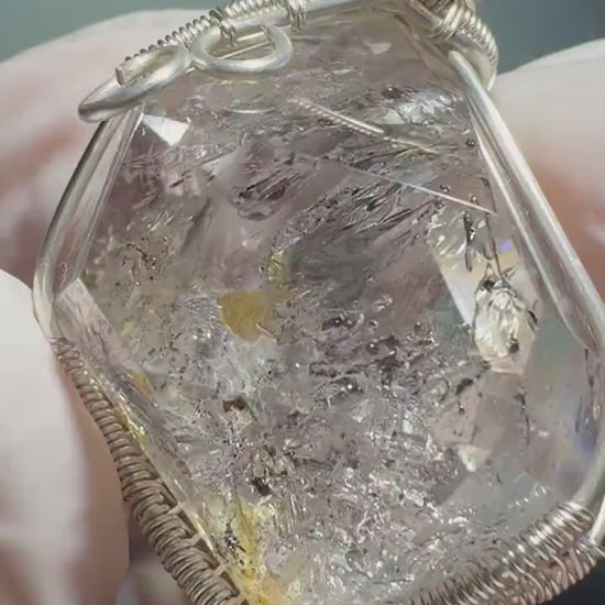 Polished Rainbow Enhydro Quartz (Herkimer Diamond) Pendant Adjustable Necklace: 2 Moving Black Bubble Inclusion Crystal