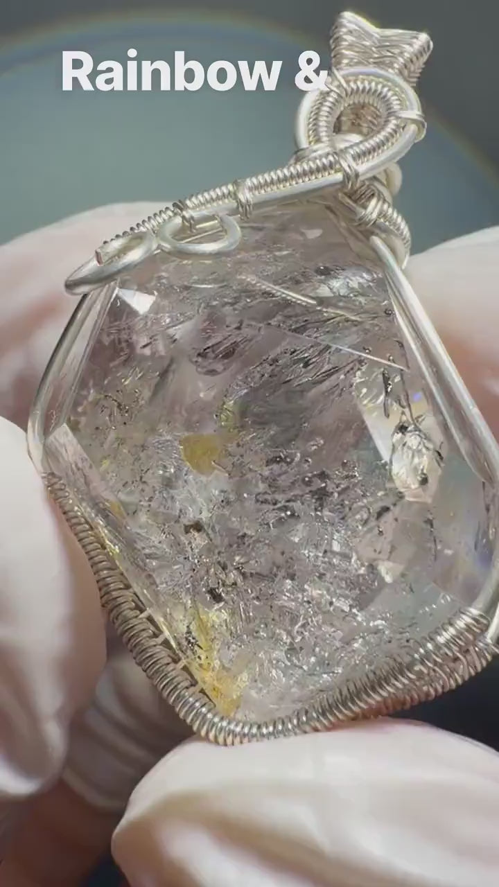 Polished Rainbow Enhydro Quartz (Herkimer Diamond) Pendant Adjustable Necklace: 2 Moving Black Bubble Inclusion Crystal