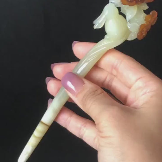 Certified Natural Xiu Jade Serpentine Hand Carved Rabbit Bunny & Osmanthus fragrans Flower Hair Pin | Bi-colour White Brown Jade Hair Stick