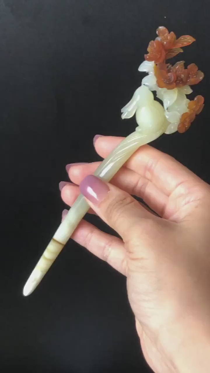 Certified Natural Xiu Jade Serpentine Hand Carved Rabbit Bunny & Osmanthus fragrans Flower Hair Pin | Bi-colour White Brown Jade Hair Stick