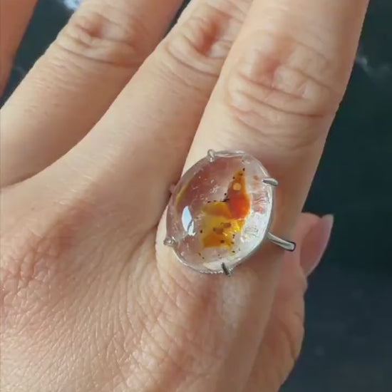 Polished Petroleum Enhydro Quartz S925 Silver Adjustable Ring: Moving Sand & Clear Bubble in Golden Red Petroleum Oil Inclusion