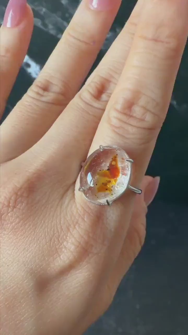 Polished Petroleum Enhydro Quartz S925 Silver Adjustable Ring: Moving Sand & Clear Bubble in Golden Red Petroleum Oil Inclusion