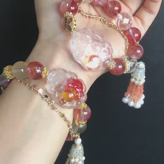 Rainbow Hematoid Quartz Carved Nine-tailed Fox Charm Crystal Bracelets | Lemon Quartz, Clear Quartz | Spinel Tassel | Self-confidence & Love