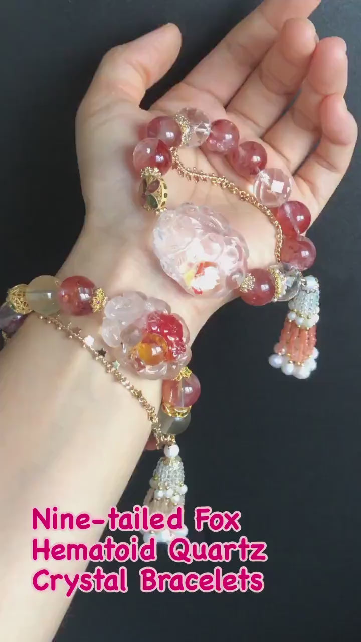 Rainbow Hematoid Quartz Carved Nine-tailed Fox Charm Crystal Bracelets | Lemon Quartz, Clear Quartz | Spinel Tassel | Self-confidence & Love