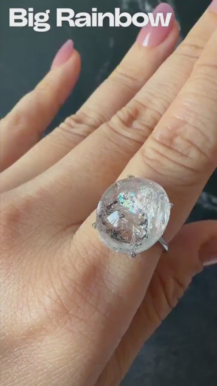 Polished Enhydro Quartz (Herkimer Diamond) s925 Silver Adjustable Ring: Rainbow! Flowing Black Mica and Shifting Bubble Inclusion Crystal