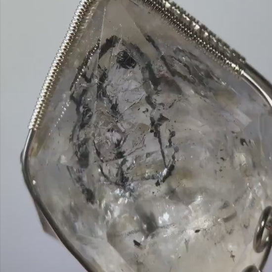 Raw Enhydro Quartz (Herkimer Diamond) Wire Wrapped Pendant Adjustable Necklace: Rainbow! Moving Sand & Black Bubble