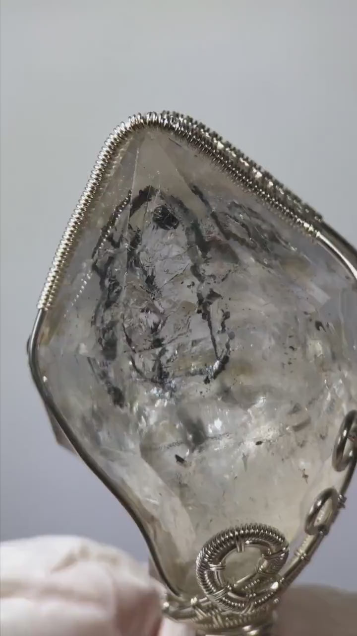 Raw Enhydro Quartz (Herkimer Diamond) Wire Wrapped Pendant Adjustable Necklace: Rainbow! Moving Sand & Black Bubble