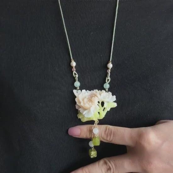Xiu Jade Serpentine Hand Carved Peony Flower Pendant Adjustable Necklace Choker: Natural Untreated Pink Beign and Green Jade Carving Charm