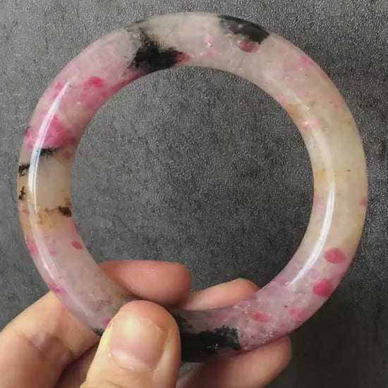 55.8mm Natural Icy Rhodonite Stone Bangle Bracelet | The Sunset | Milky Pink & Yellow Cherry Blossom Sakura Rain | Chinese Danqing Painting