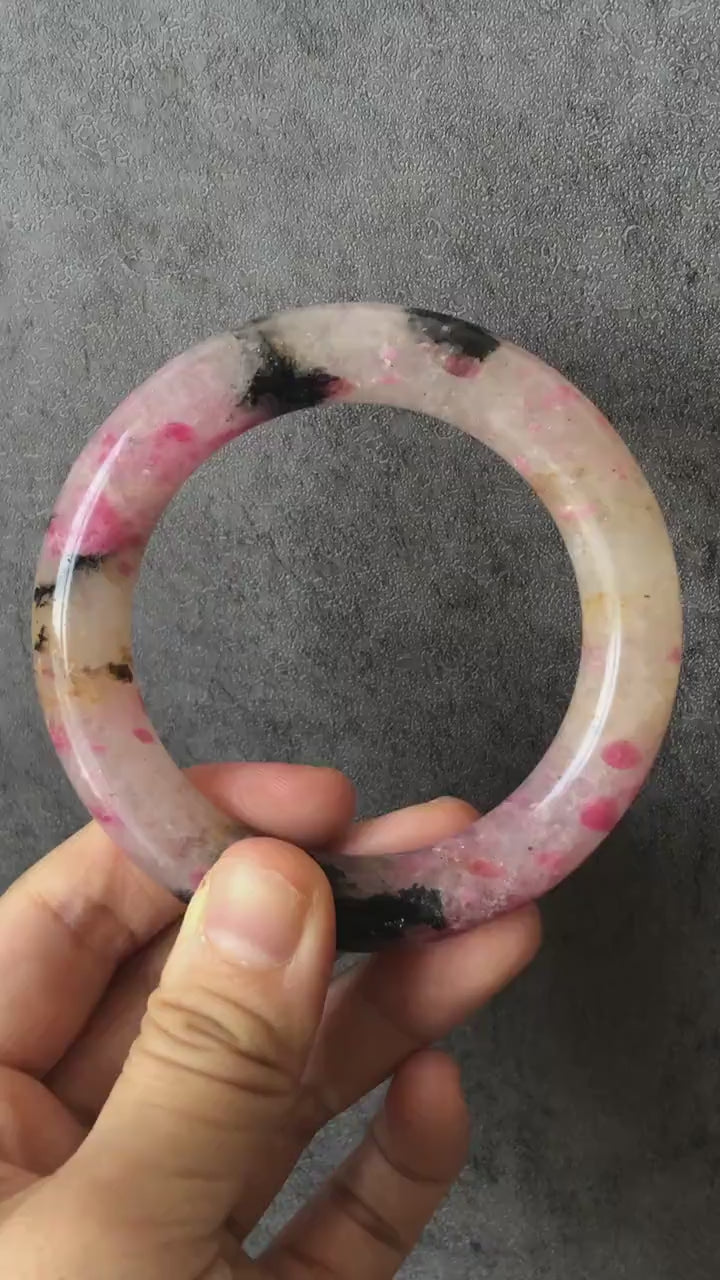 55.8mm Natural Icy Rhodonite Stone Bangle Bracelet | The Sunset | Milky Pink & Yellow Cherry Blossom Sakura Rain | Chinese Danqing Painting