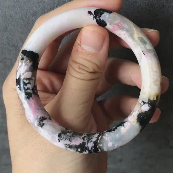 53.7mm Rhodonite Stone Bangle Crystal Bracelet | Milky White & Black Ink | Pink White Chinese brush painting | Healing Stone Gift for her