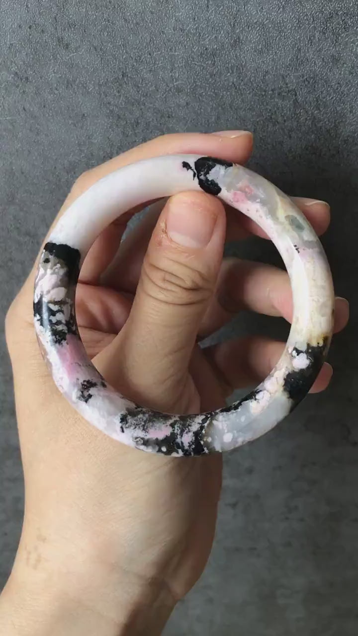 53.7mm Rhodonite Stone Bangle Crystal Bracelet | Milky White & Black Ink | Pink White Chinese brush painting | Healing Stone Gift for her