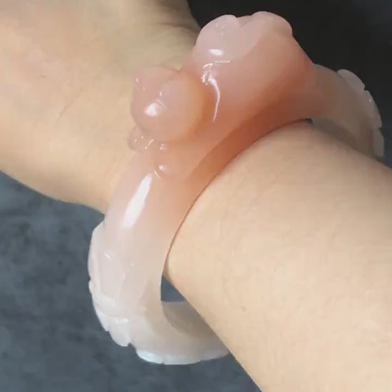 52-66mm Custom Size Natural SheTaiCui jade (Quartzite) Carved Kitten Cat with Flowers Butterfly Crystal Bangle bracelet | Icy Coral Pink