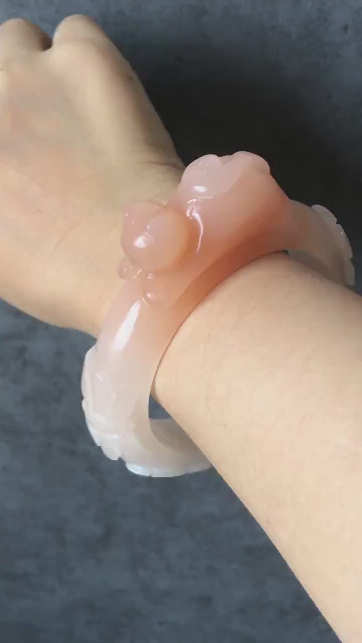 52-66mm Custom Size Natural SheTaiCui jade (Quartzite) Carved Kitten Cat with Flowers Butterfly Crystal Bangle bracelet | Icy Coral Pink