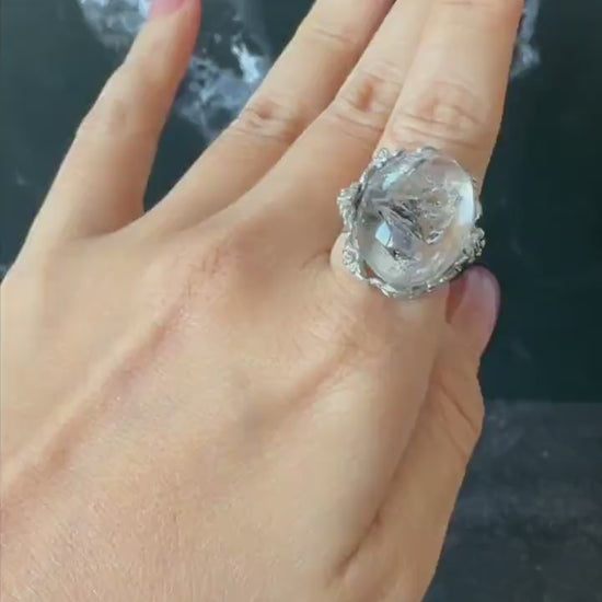 Polished Enhydro Quartz (Herkimer Diamond) S925 Silver Adjustable Ring: Rainbow! Moving Sand Waterfall and Multiple Bubble Inclusion