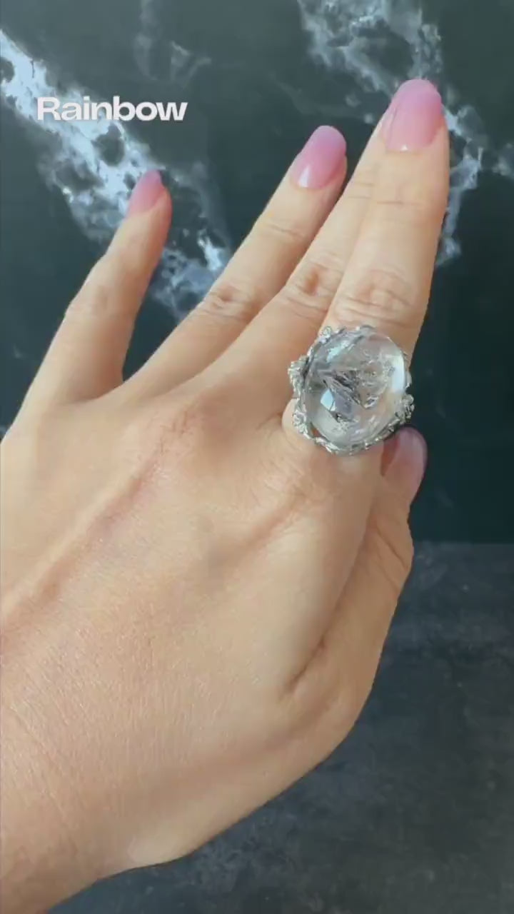 Polished Enhydro Quartz (Herkimer Diamond) S925 Silver Adjustable Ring: Rainbow! Moving Sand Waterfall and Multiple Bubble Inclusion
