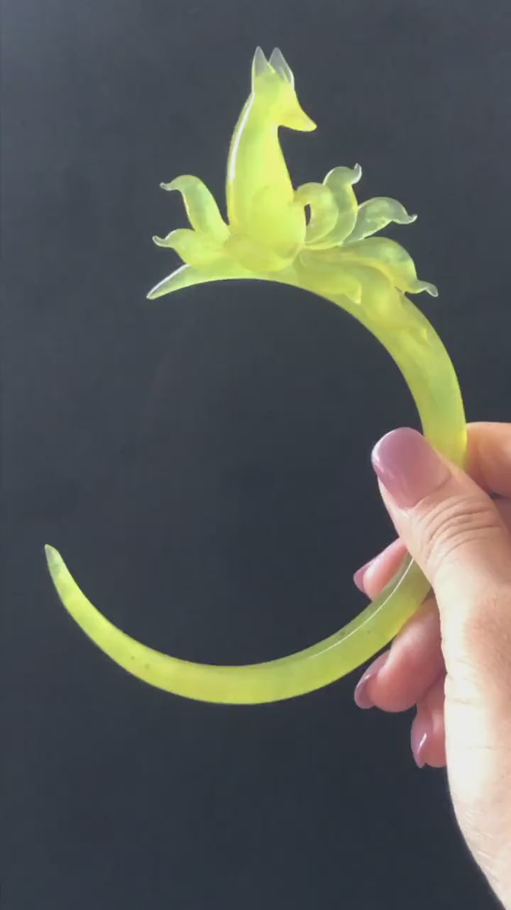 Certified Xiu Jade (Serpentine) Hand Carved Nine tailed fox Hair Pin | Golden Yellow Jade Crescent Moon Hair Stick