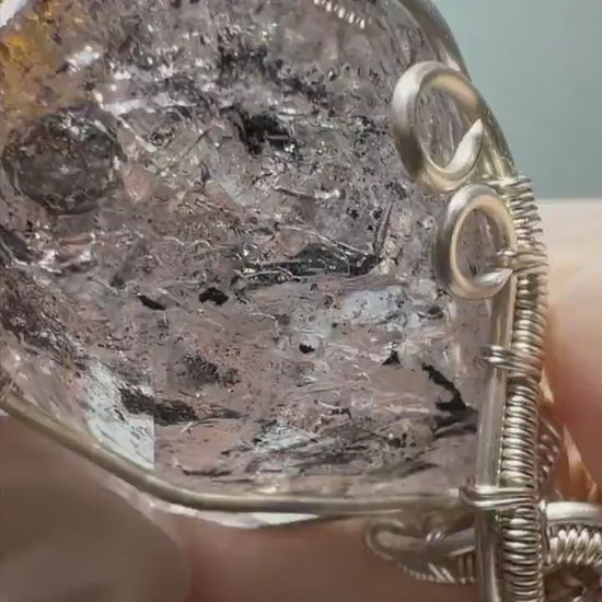 Polished Enhydro Quartz (Herkimer Diamond) Small Pendant Necklace: Moving Big Bubble and Moving Sand with Black Tourmaline Inclusion Crystal