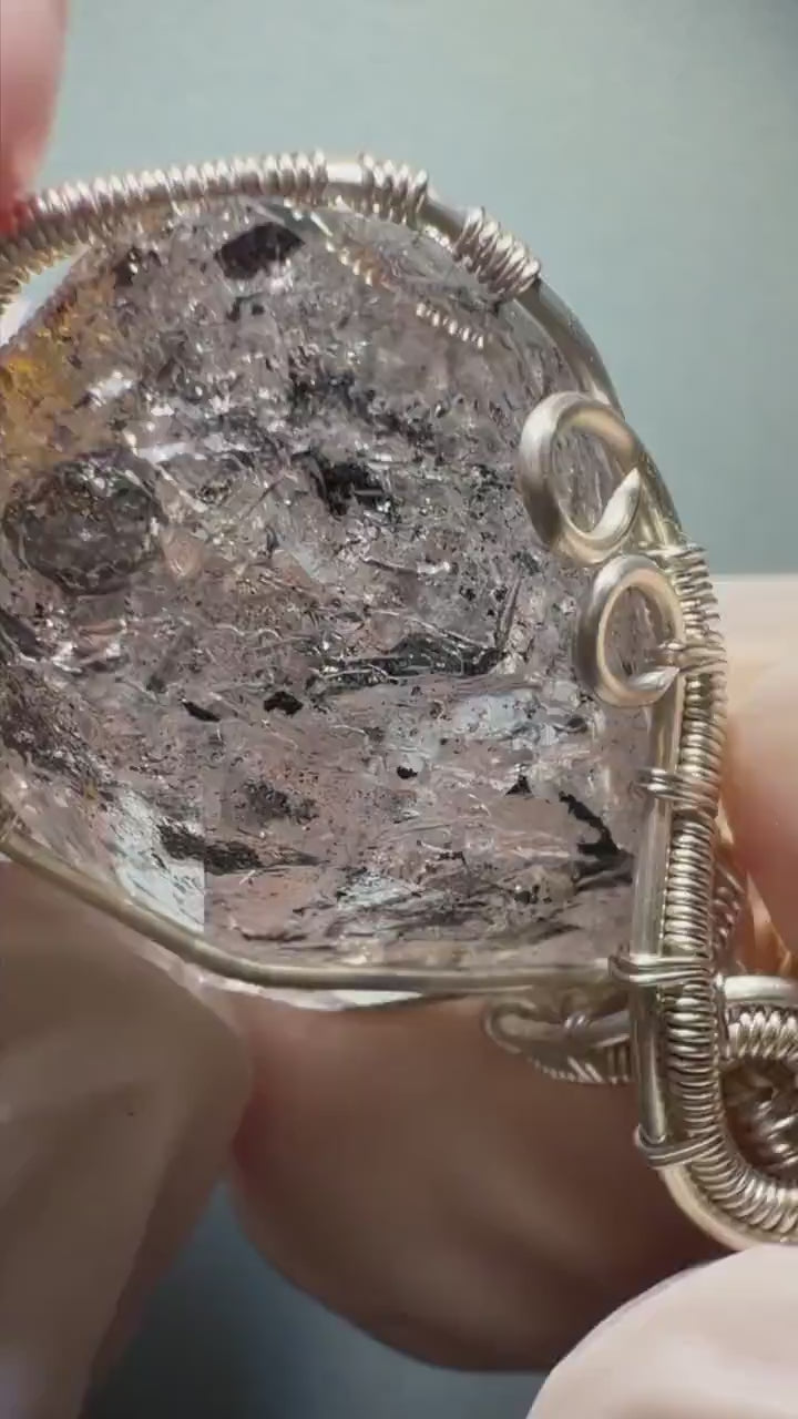 Polished Enhydro Quartz (Herkimer Diamond) Small Pendant Necklace: Moving Big Bubble and Moving Sand with Black Tourmaline Inclusion Crystal