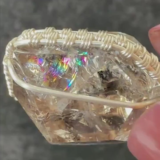 Rare Polished Smoky Enhydro Quartz (Herkimer Diamond) Wire Wrapped Pendant Adjustable Necklace: Rainbow! Moving Sand Charm