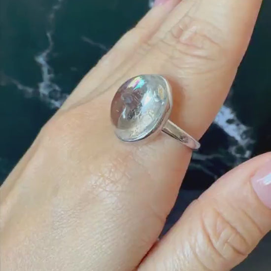 Polished Enhydro Quartz (Herkimer Diamond) S925 Silver Adjustable Ring: Rainbow! Moving Sand and Bubble Inclusion Crystal Statement Ring