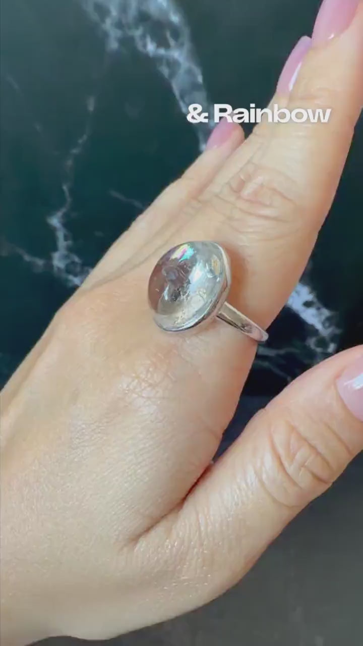 Polished Enhydro Quartz (Herkimer Diamond) S925 Silver Adjustable Ring: Rainbow! Moving Sand and Bubble Inclusion Crystal Statement Ring