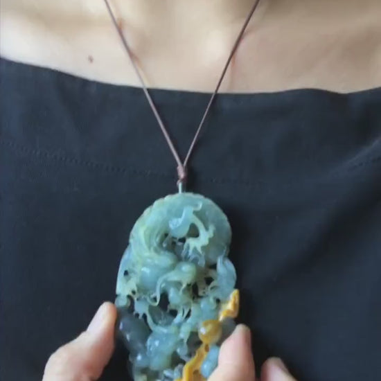 Certificate Natural Xiu Jade (Serpentine) Hand Dragon and Pixiu Pendant Adjustable Necklace Choker | Greenish Blue Yellow | Power & Wealth