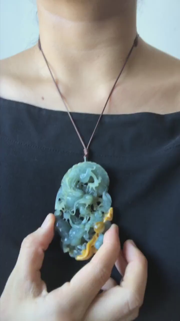 Certificate Natural Xiu Jade (Serpentine) Hand Dragon and Pixiu Pendant Adjustable Necklace Choker | Greenish Blue Yellow | Power & Wealth