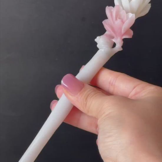 Xiu Jade Serpentine Hand Carved Pink Yulan Flower Hair Pin: Natural Pink & White Jade Handcrafted Hair Stick 3D stone carving Hair Jewelry