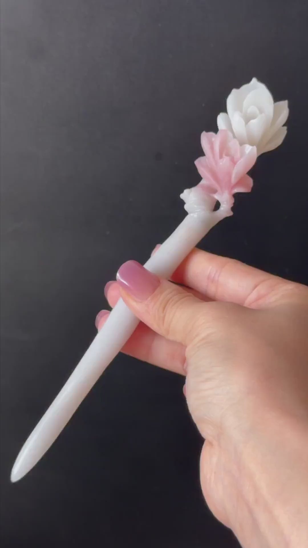 Xiu Jade Serpentine Hand Carved Pink Yulan Flower Hair Pin: Natural Pink & White Jade Handcrafted Hair Stick 3D stone carving Hair Jewelry