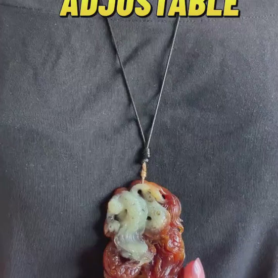Xiu Jade Double Dragons Hand Carved Pendant Necklace: Certified Natural Serpentine White Yellow Reddish Brown Jade Handcrafted Charm Gift