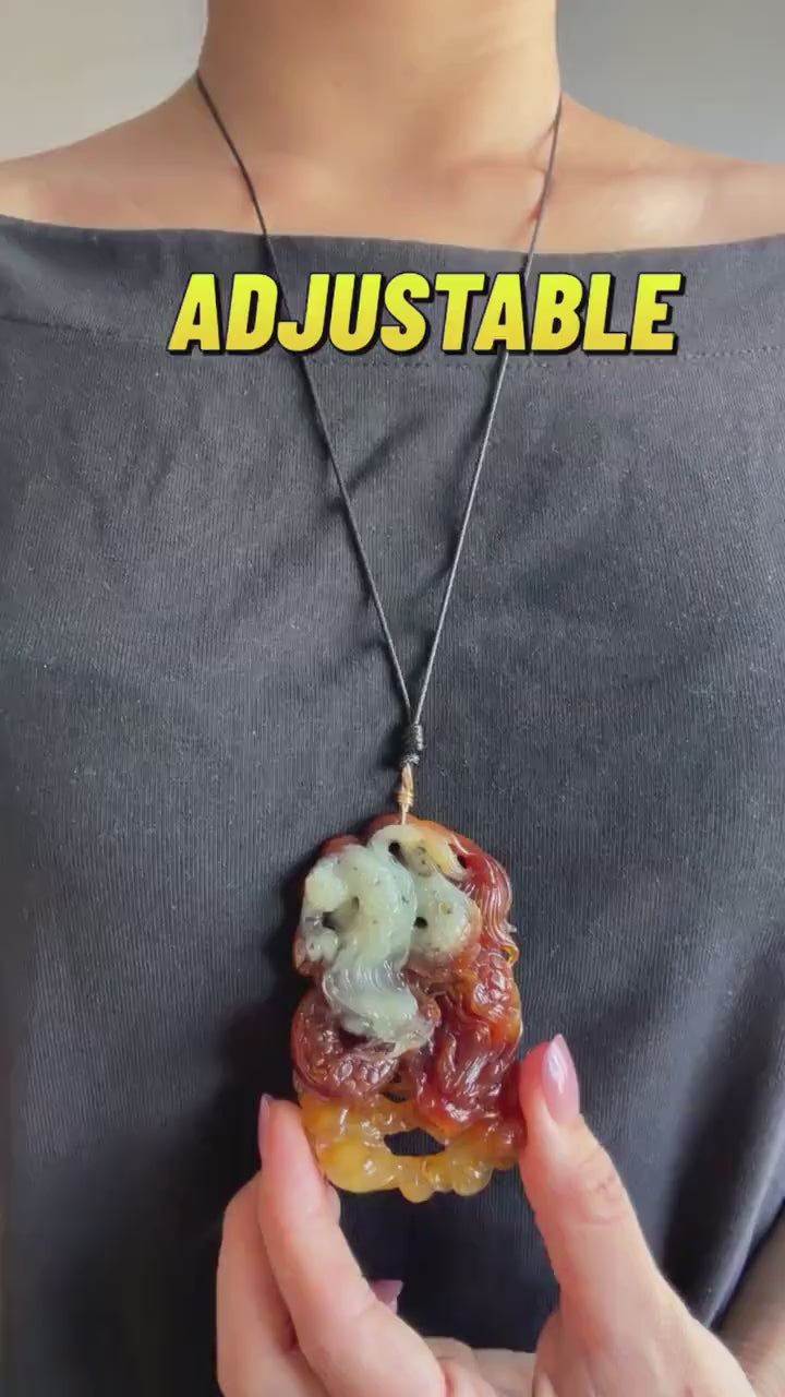 Xiu Jade Double Dragons Hand Carved Pendant Necklace: Certified Natural Serpentine White Yellow Reddish Brown Jade Handcrafted Charm Gift