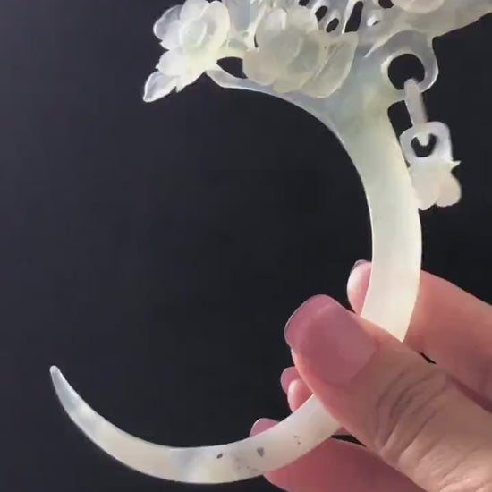 Xiu Jade Serpentine Plum Blossom Hair Stick with Dangle: Certificate White Jade Hand Carved Half Moon Hair Pin, Hanfu Vintage Hair Jewelry