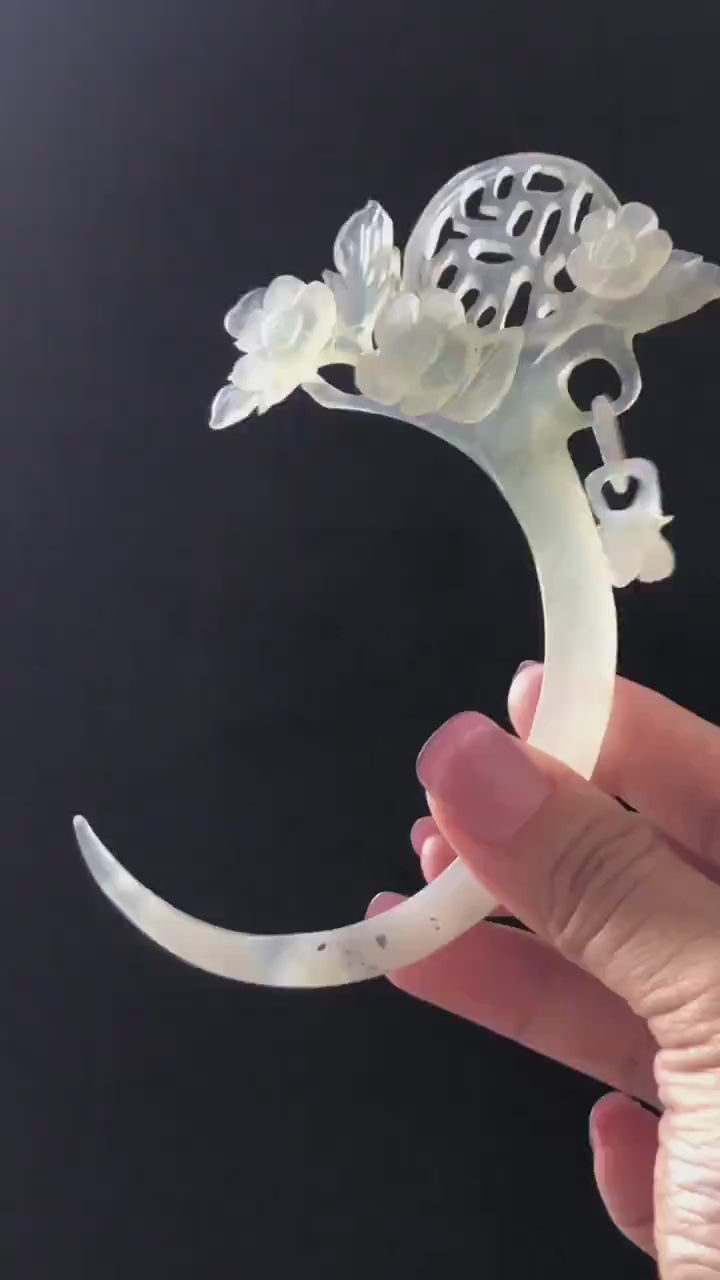 Xiu Jade Serpentine Plum Blossom Hair Stick with Dangle: Certificate White Jade Hand Carved Half Moon Hair Pin, Hanfu Vintage Hair Jewelry