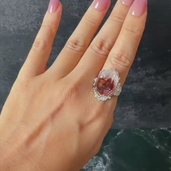 Polished Petroleum Enhydro Quartz S925 Silver Adjustable Statement Ring: Moving Bubble in Golden Red Petroleum Oil Inclusion