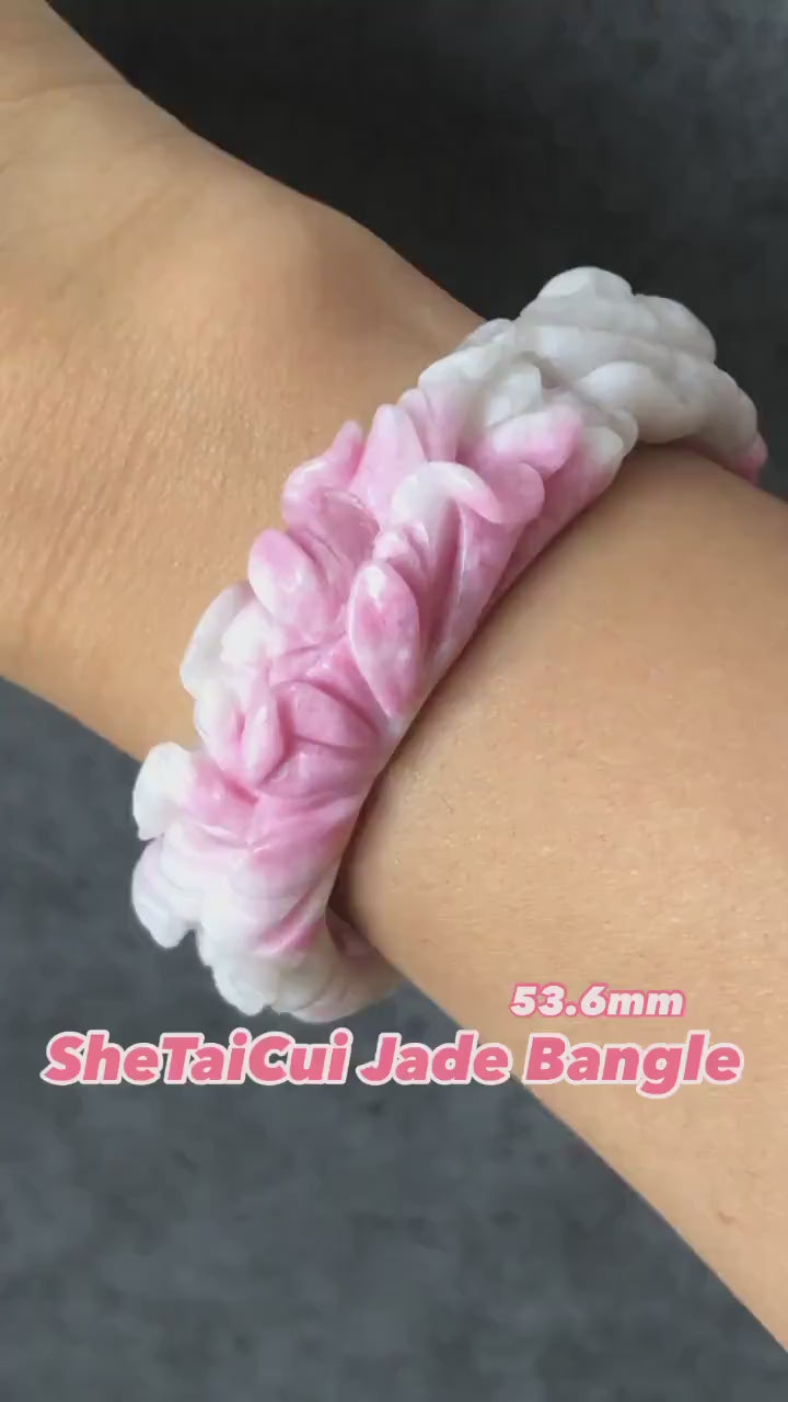 53.6mm Natural SheTaiCui Jade (Quartzite) Hand Carved Peony Flowers Crystal Bangle Bracelet | Gemstone Jewellery | Icy Milky Pink | Snowy