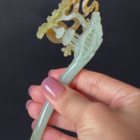 Certified Xiu Jade Serpentine Hand Carved Pavilions under Moon with Pine Tree Hair Pin: Natural Multicolour Orange Yellow Green Jade Jewelry