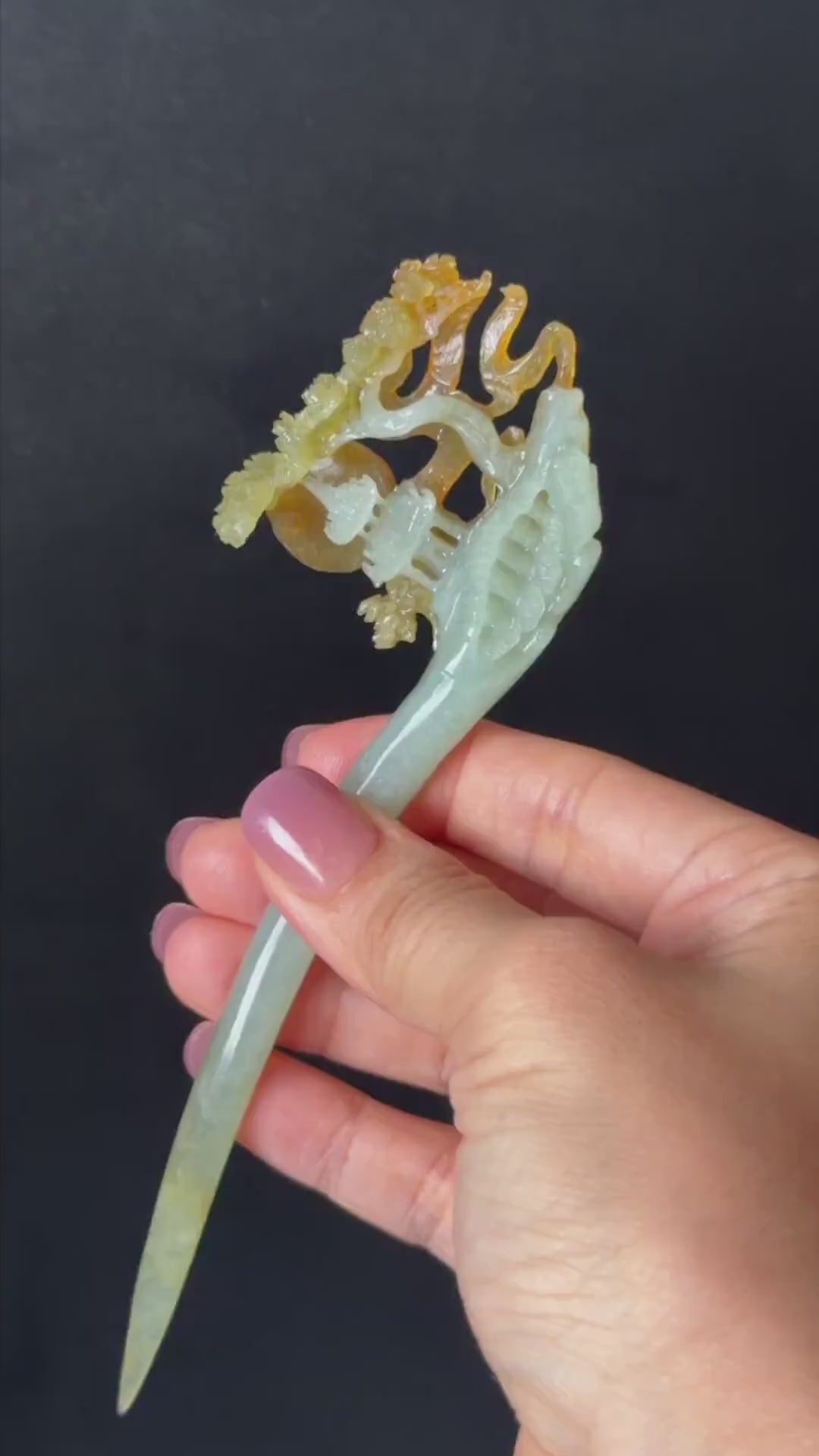 Certified Xiu Jade Serpentine Hand Carved Pavilions under Moon with Pine Tree Hair Pin: Natural Multicolour Orange Yellow Green Jade Jewelry