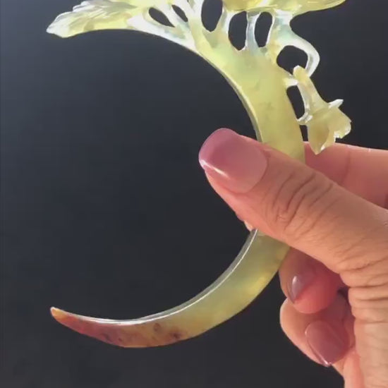 Xiu Jade Serpentine Rose Hair Stick Dangle | Ice Yellow Jade Hand Carved Half Moon Hair Pin | Vintage Chinese Hair Fork with Certificate