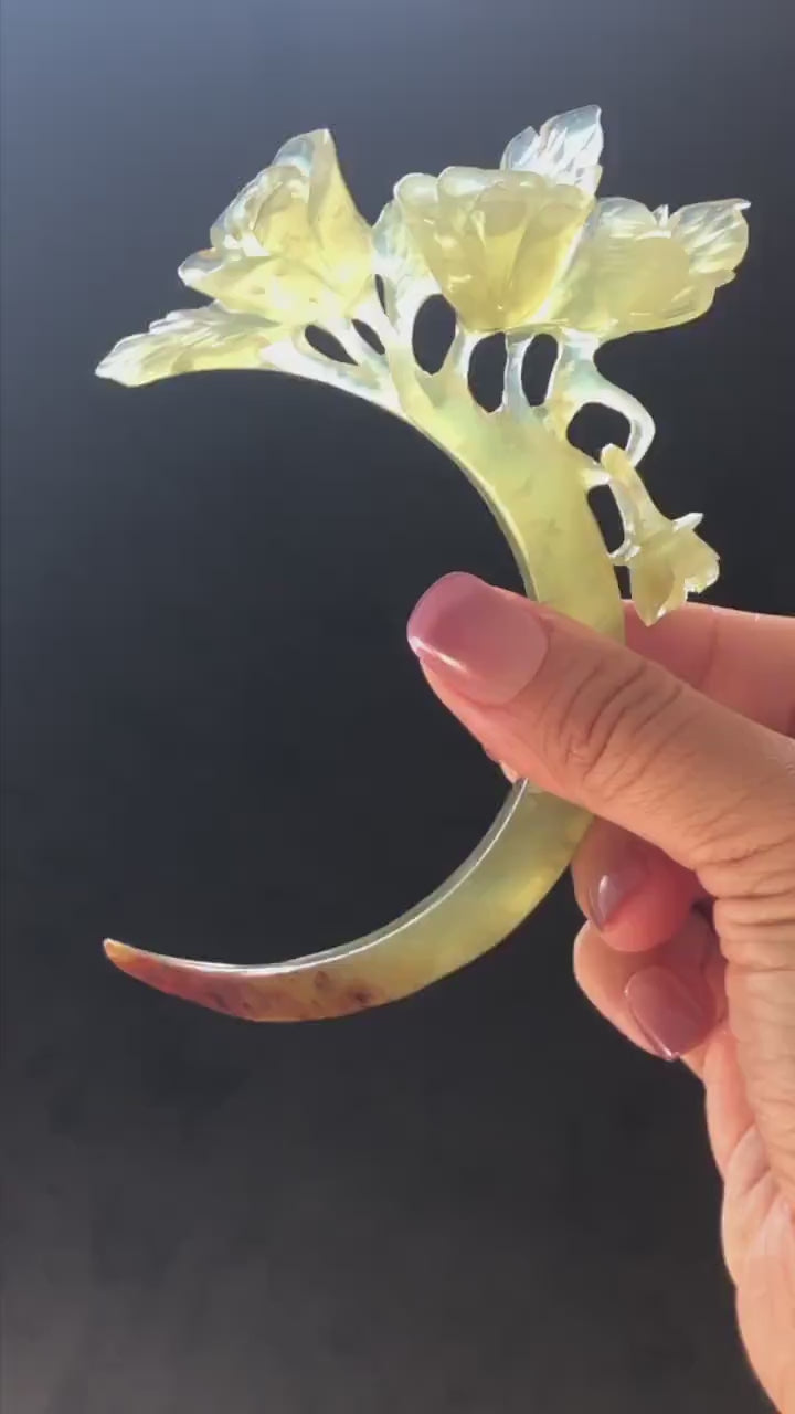 Xiu Jade Serpentine Rose Hair Stick Dangle | Ice Yellow Jade Hand Carved Half Moon Hair Pin | Vintage Chinese Hair Fork with Certificate