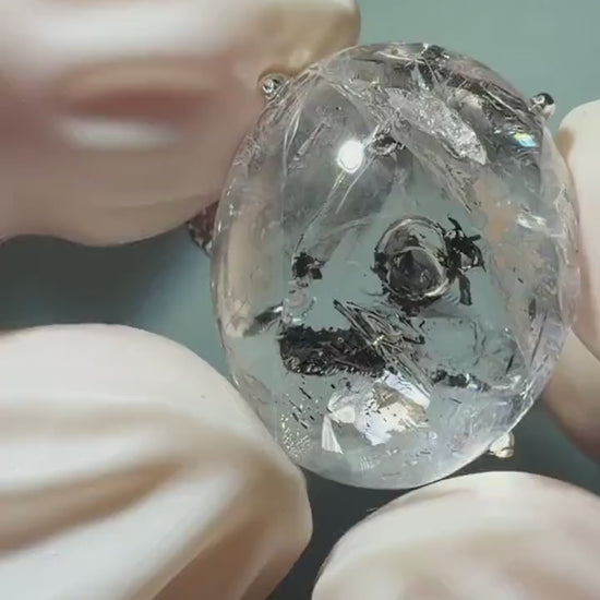 Polished Enhydro Quartz (Herkimer Diamond) S925 Silver Adjustable Ring: Moving Black Mica Sand and Bubble Inclusion in Triangle Chamber