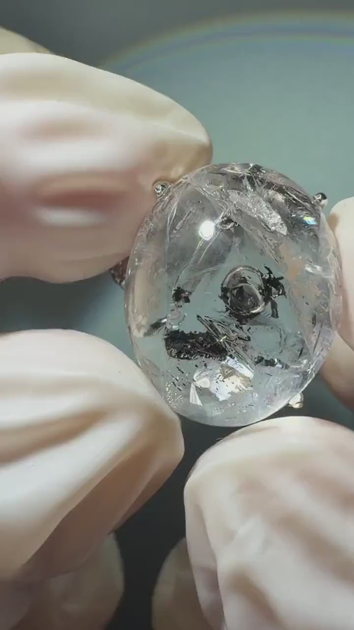 Polished Enhydro Quartz (Herkimer Diamond) S925 Silver Adjustable Ring: Moving Black Mica Sand and Bubble Inclusion in Triangle Chamber